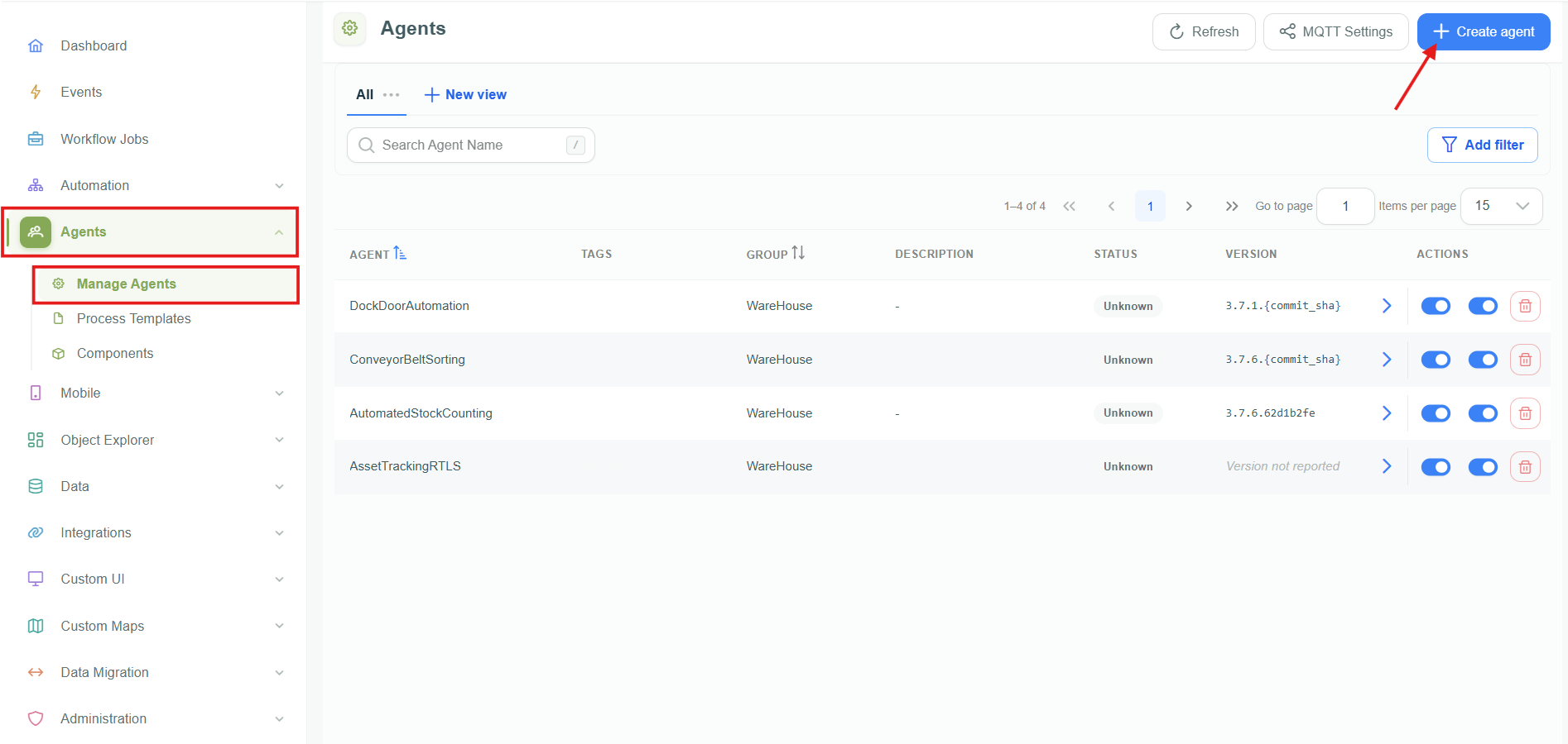 Manage Agents page with the Refresh, MQTT Settings, and Create agent buttons, a search field, Add filter, and the agent list